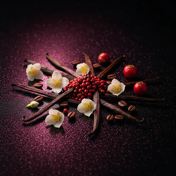 Coffee beans, vanilla, pink pepper and red berries — dark gourmand fragrance notes