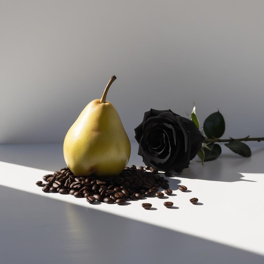 Black rose and pear on coffee beans — rich autumn fragrance notes
