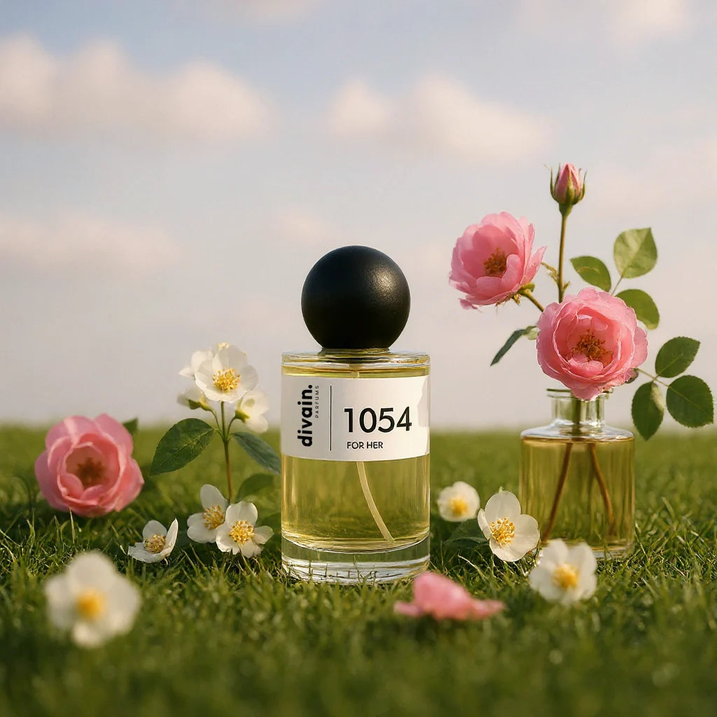 Divain.1054 perfume bottle with roses and white flowers on a garden.