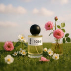 Divain.1054 perfume bottle with roses and white flowers on a garden.