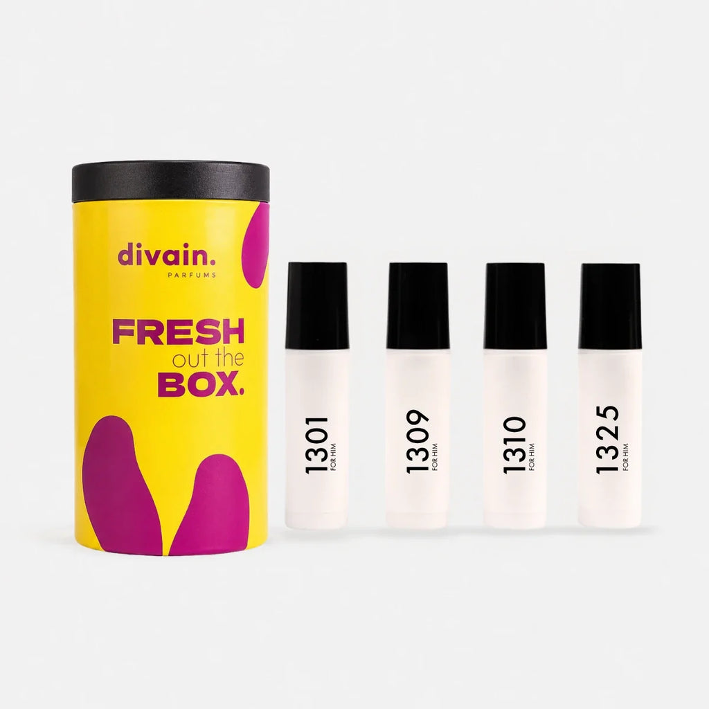 divain gift box with four men's mini perfumes: 1301, 1309, 1310 and 1325