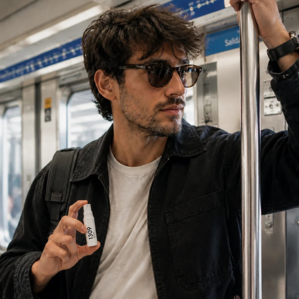 Man applying a divain mini perfume on the underground