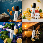 Collage of the four divain men's mini perfumes in use