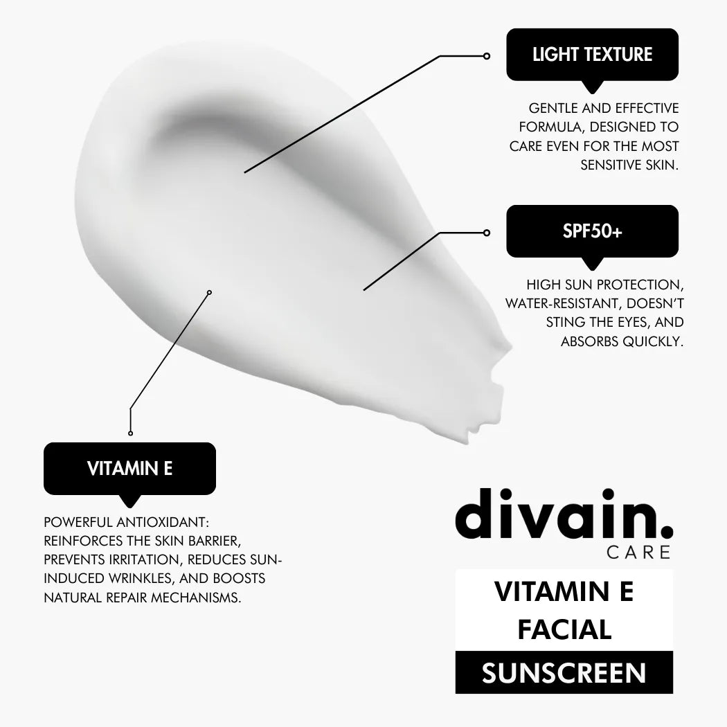 Divain Care facial sunscreen with vitamin E and a light texture for sensitive skin.