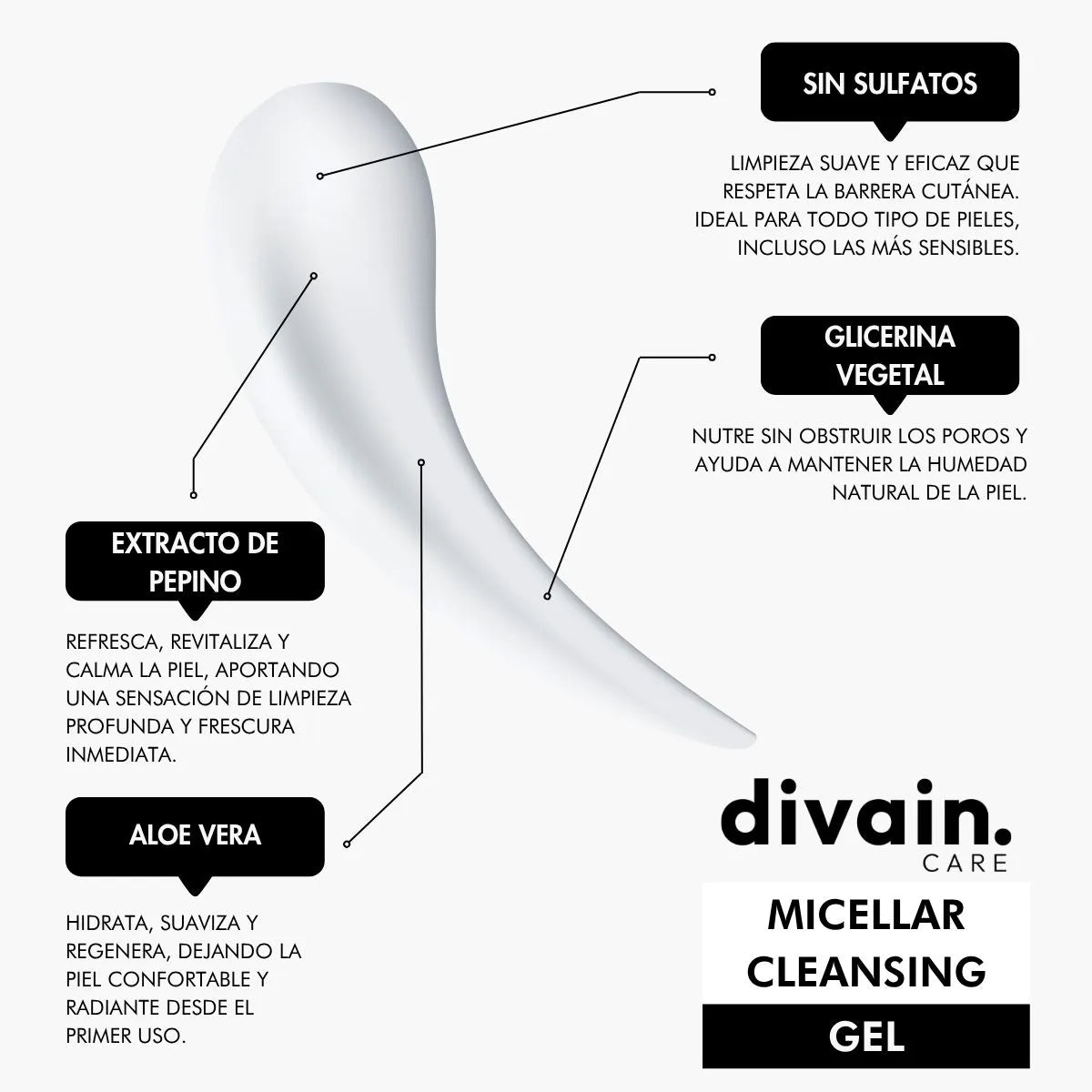 Divain Care micellar cleansing gel with aloe vera, cucumber extract, vegetable glycerin and sulfate-free