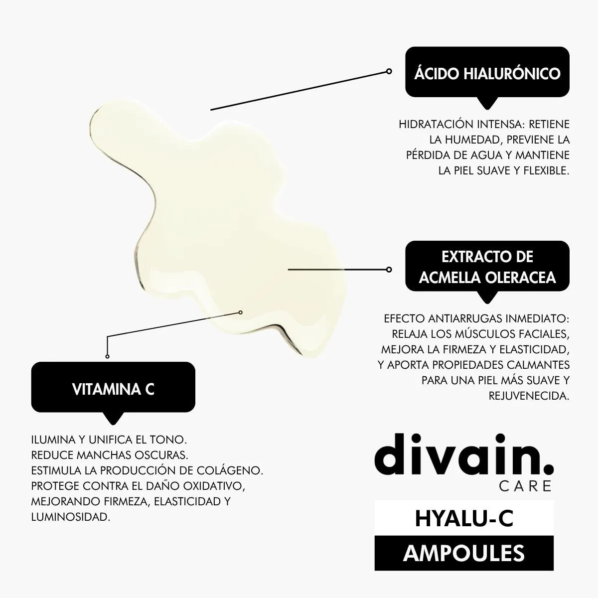 Divain Care Hyalu-C facial ampoules with hyaluronic acid, vitamin C and acmella extract for luminous and firm skin.