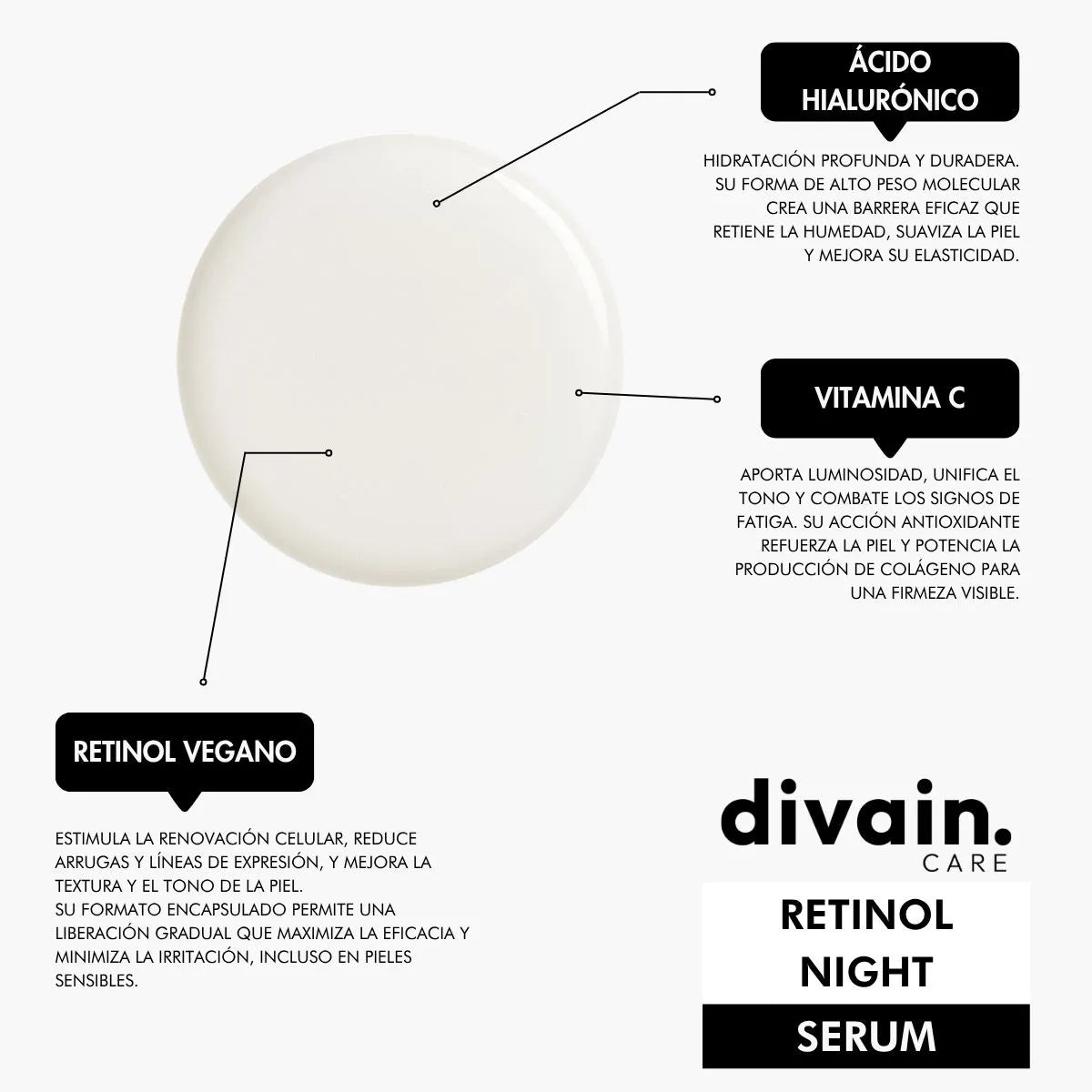 Divain Care night serum with vegan retinol, hyaluronic acid and vitamin C for firm and radiant skin