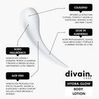 Divain Care Hydra-Glow body lotion with hyaluronic acid, aloe vera, collagen and almond milk for hydrated and luminous skin.