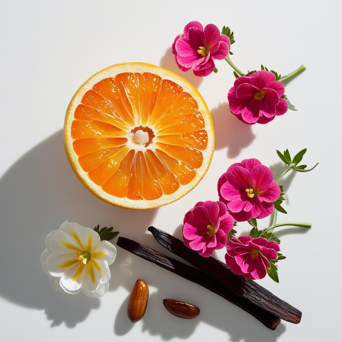 Mandarin, geranium and vanilla representing the olfactory notes of the perfume.