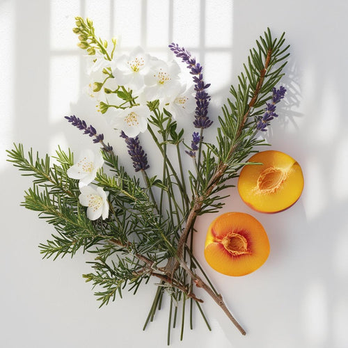 Olfactory notes of the perfume that combine the aromatic freshness of rosemary and lavender with the sweet and juicy touch of peach, softened by the delicacy of jasmine.