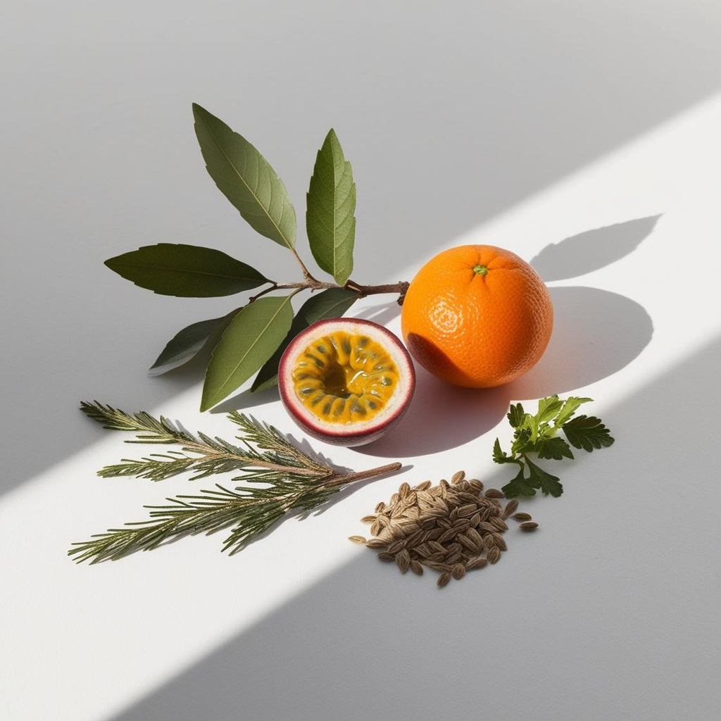 Citrus and herbal olfactory notes with mandarin, passion fruit, bay leaf, rosemary, cumin seeds and fresh green leaves