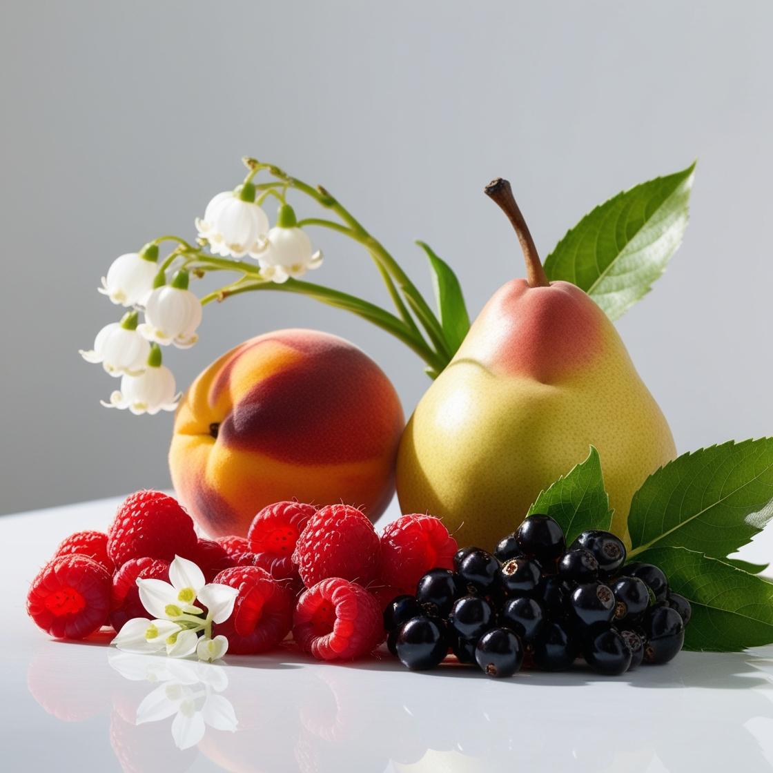 Pear, peach, raspberry and blackcurrants represent the olfactory notes of the perfume.