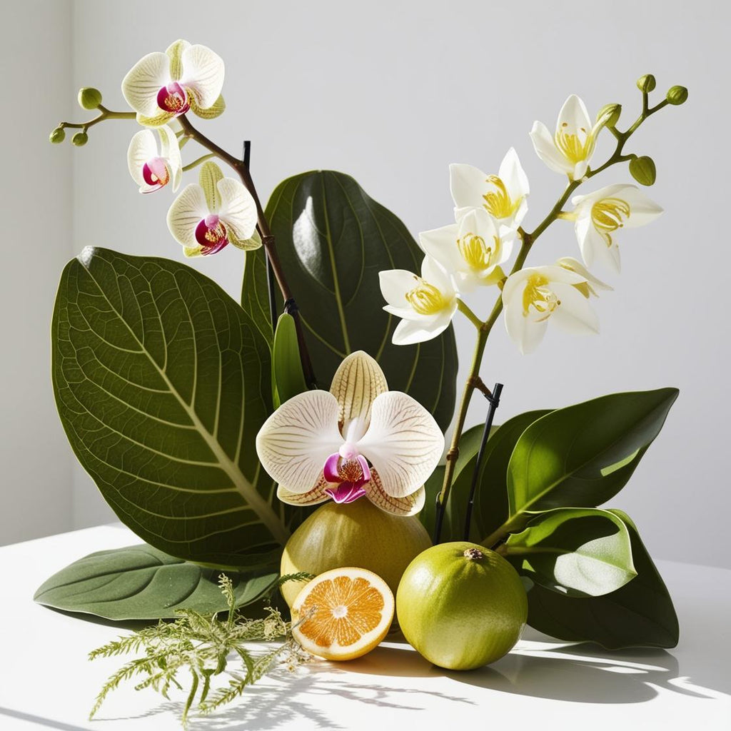 Orchid, bergamot and white musk representing the olfactory notes of the perfume.