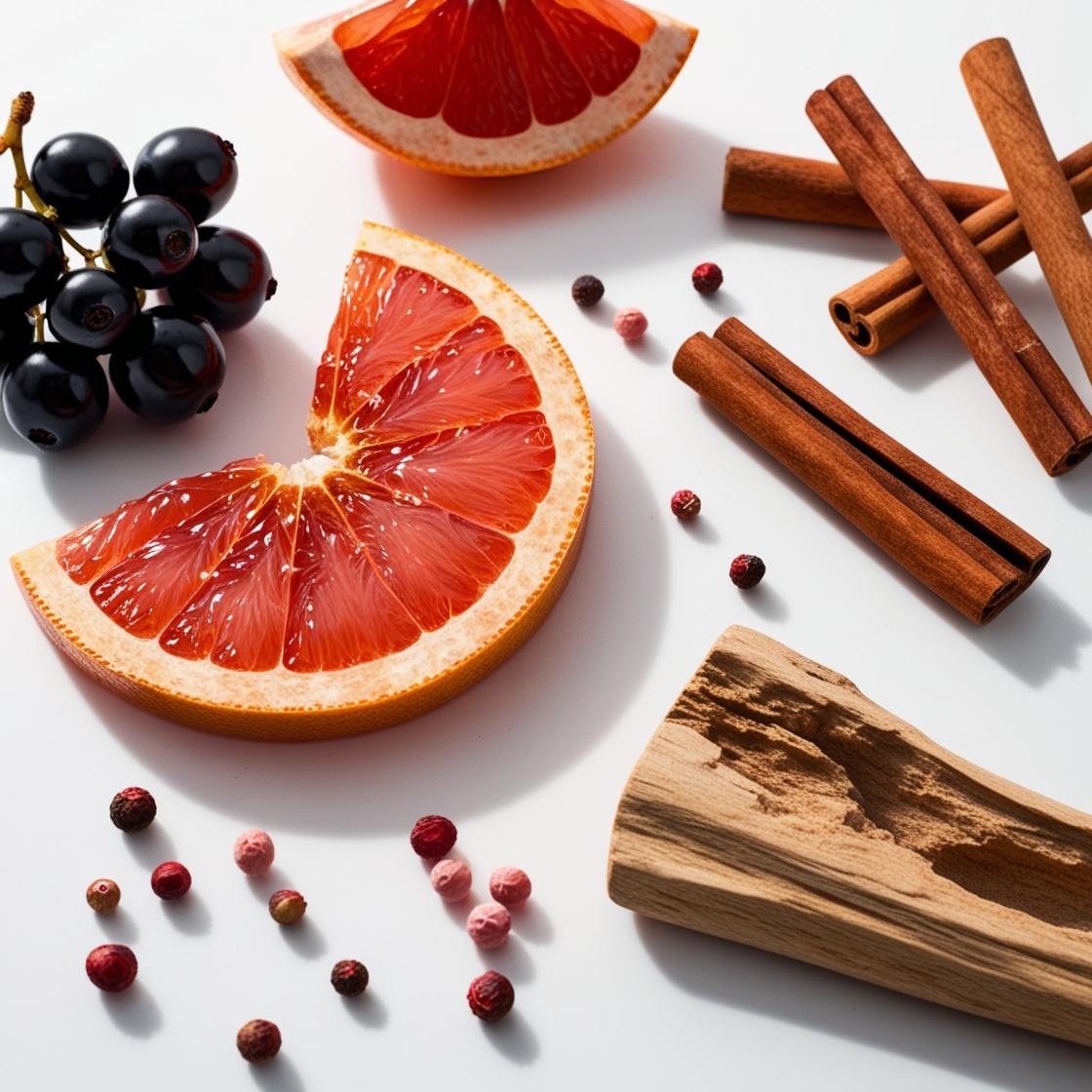 Grapefruit, blackcurrants, pink pepper, wood and cinnamon represent the olfactory notes of the perfume.