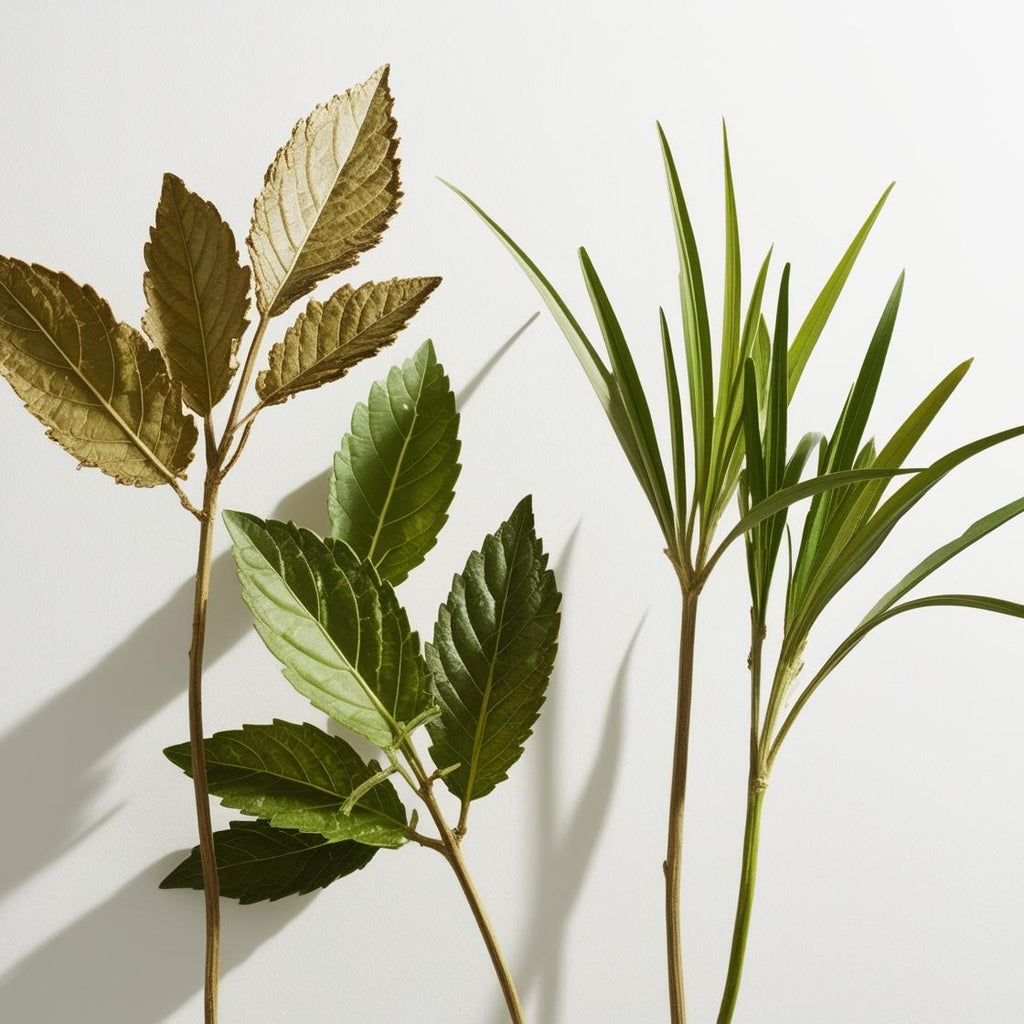 Patchouli and vetiver representing the olfactory notes of the perfume.