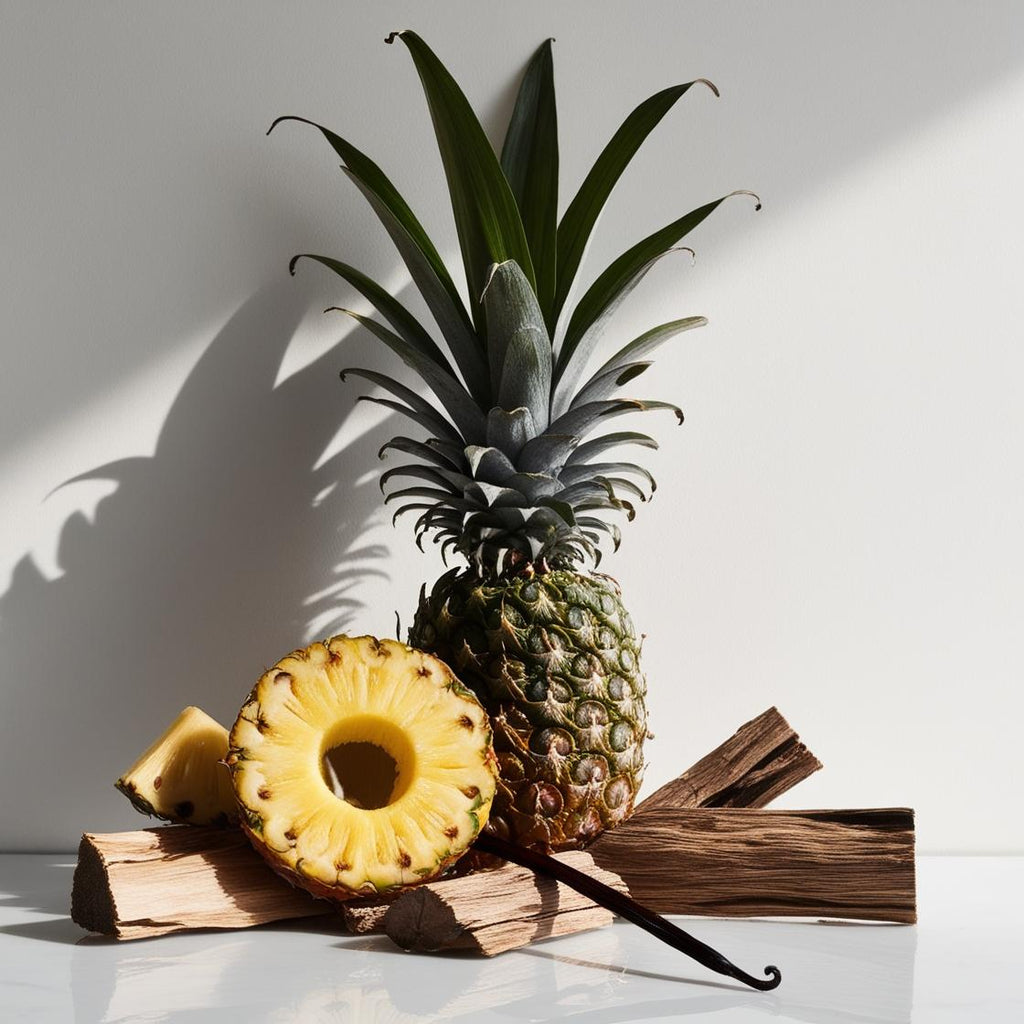 Pineapple, wood and vanilla representing the olfactory notes of the perfume.