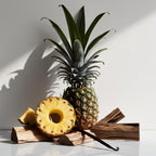 Pineapple, wood and vanilla representing the olfactory notes of the perfume.