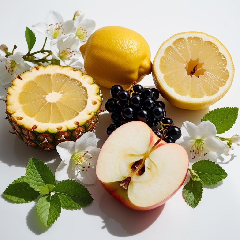 Pineapple, lemon, apple, jasmine and blackcurrants representing the olfactory notes of the perfume.