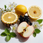 Pineapple, lemon, apple, jasmine and blackcurrants representing the olfactory notes of the perfume.