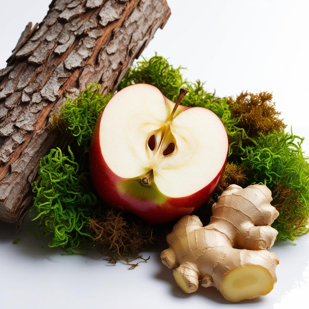 Apple, ginger, moss and wood representing the olfactory notes of the perfume.