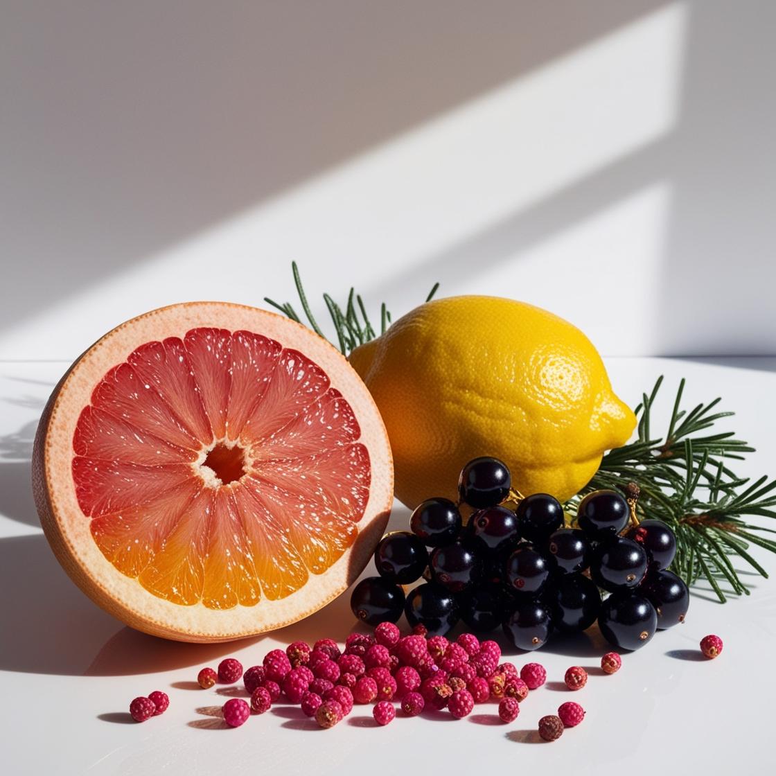Grapefruit, lemon, pink pepper and blackcurrants representing the olfactory notes of the perfume.