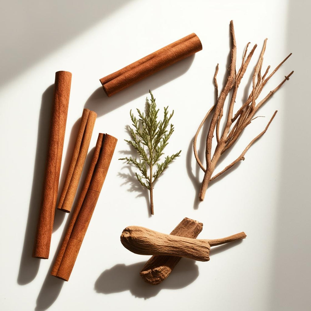 Perfume scent notes with cinnamon, cedar, vetiver and dry woods