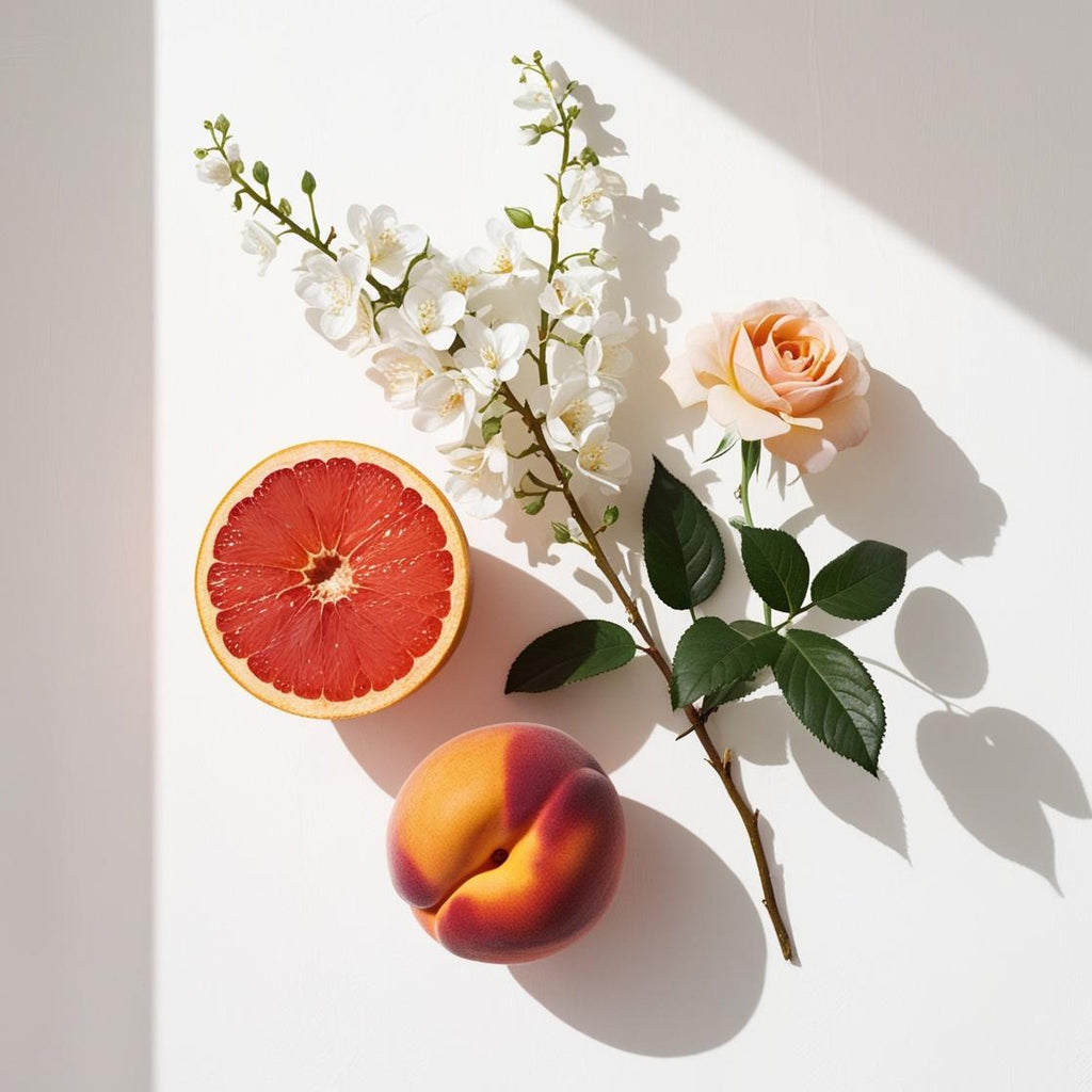 Scent notes of the perfume with juicy grapefruit, peach, white flowers and delicate rose