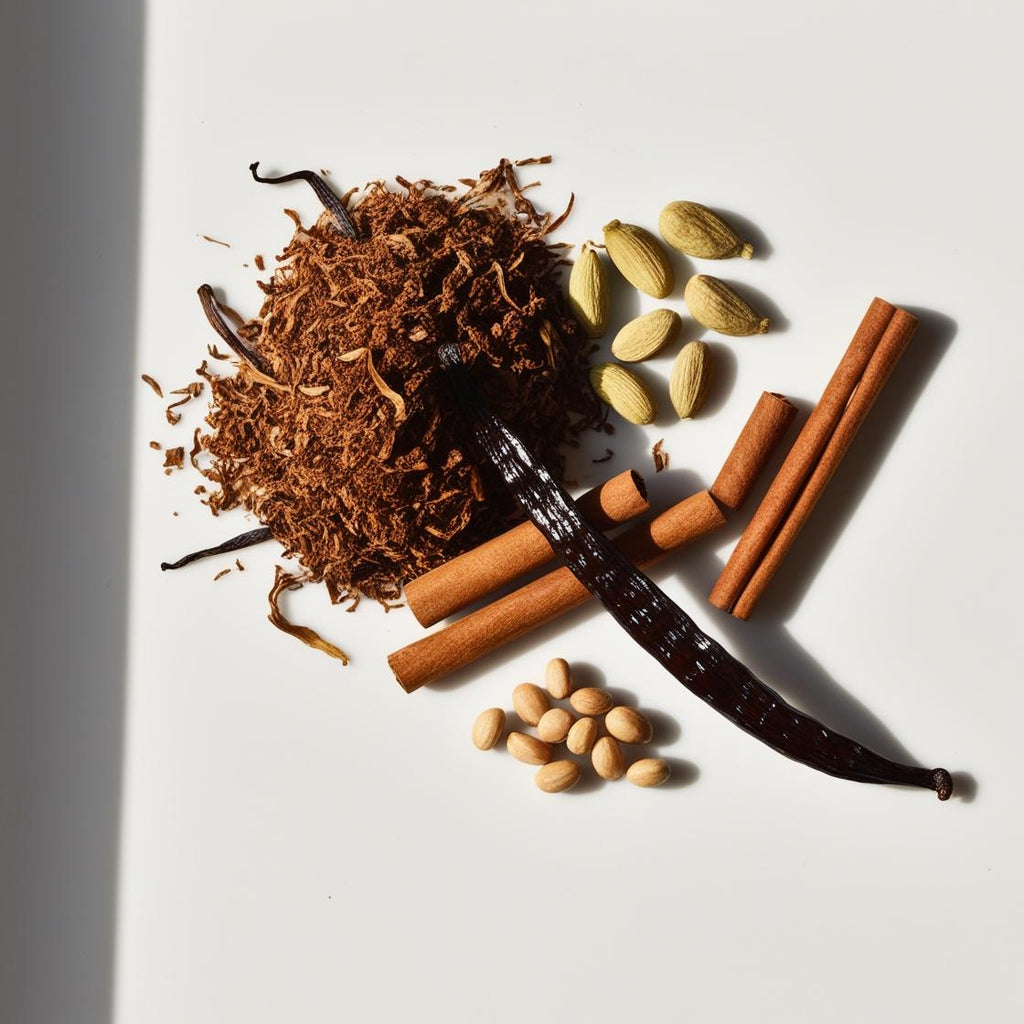 Cinnamon, tobacco and vanilla representing the olfactory notes of the perfume.