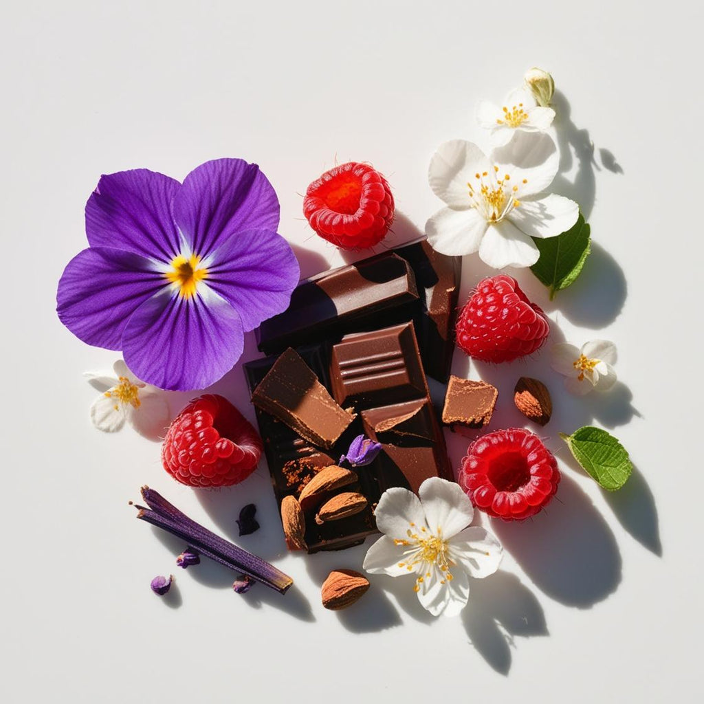 Violet, cocoa, iris and raspberry representing the olfactory notes of the perfume.