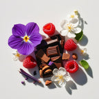 Violet, cocoa, iris and raspberry representing the olfactory notes of the perfume.