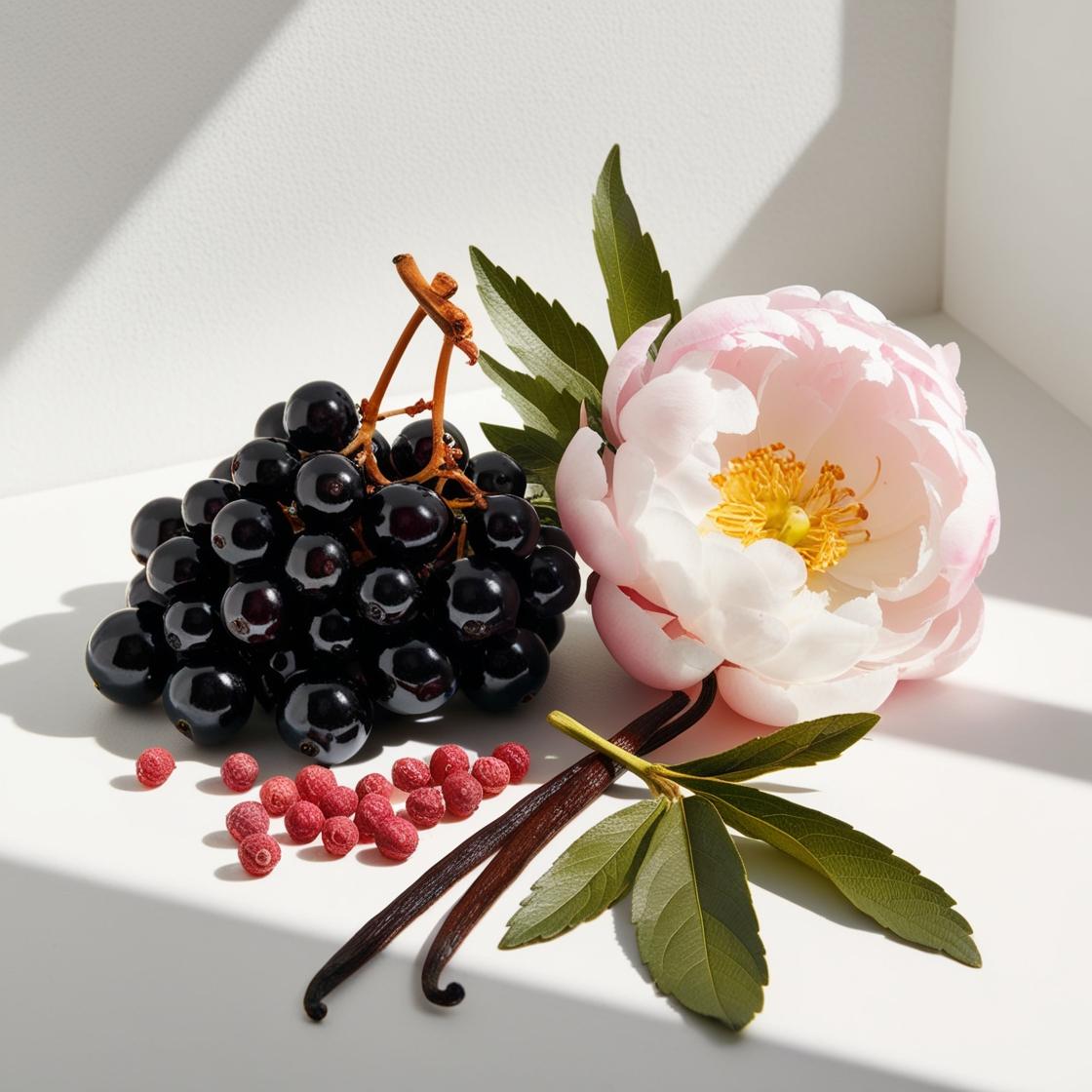 Blackcurrants, pink pepper, peony and vanilla represent the olfactory notes of the perfume.