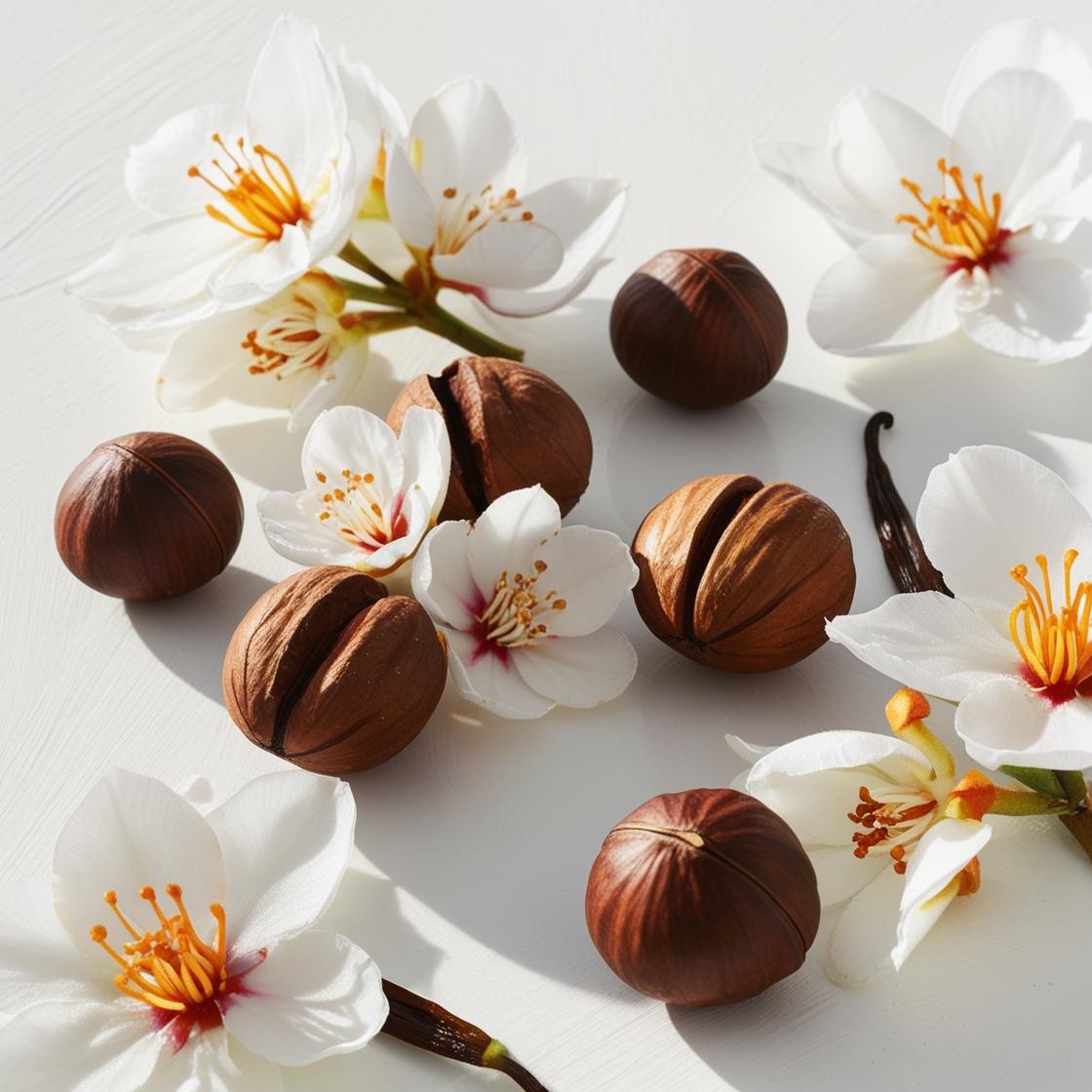 Hazelnut and orange blossom representing the olfactory notes of the perfume.