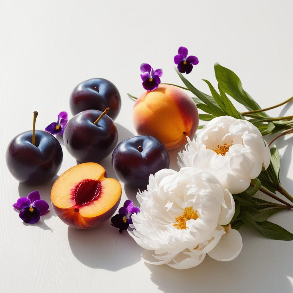 Plum, peach and peony representing the olfactory notes of the perfume.