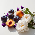 Plum, peach and peony representing the olfactory notes of the perfume.