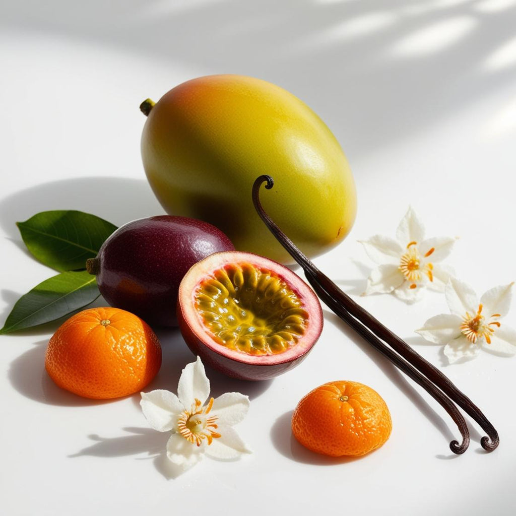 Mango, passion fruit, jasmine and vanilla representing the olfactory notes of the perfume.