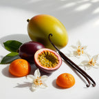 Mango, passion fruit, jasmine and vanilla representing the olfactory notes of the perfume.