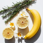 Lemon, banana and rosemary representing the olfactory notes of the perfume.