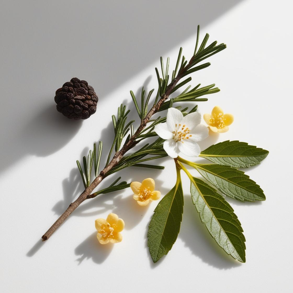 Orange blossom and cedar representing the olfactory notes of the perfume.