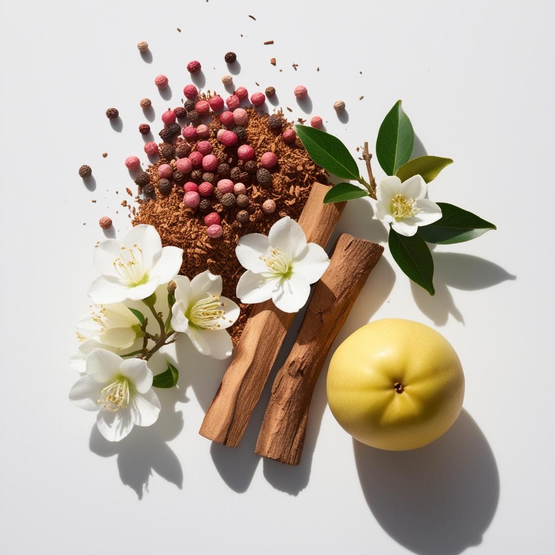Pink pepper, jasmine and cedar representing the olfactory notes of the perfume.