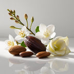 Almond, cocoa and jasmine representing the olfactory notes of the perfume.