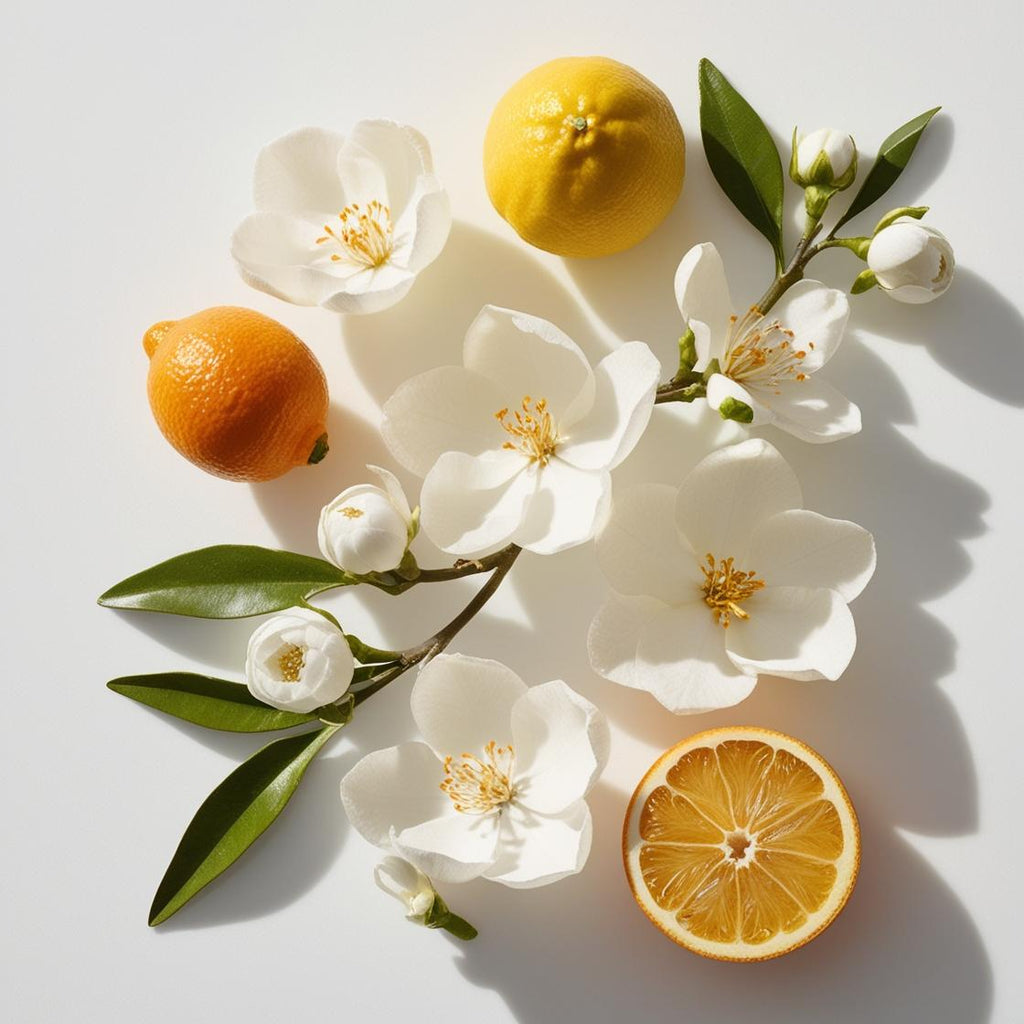 Olfactory notes of the perfume with bright citrus, orange blossom and a fresh touch of green leaves.