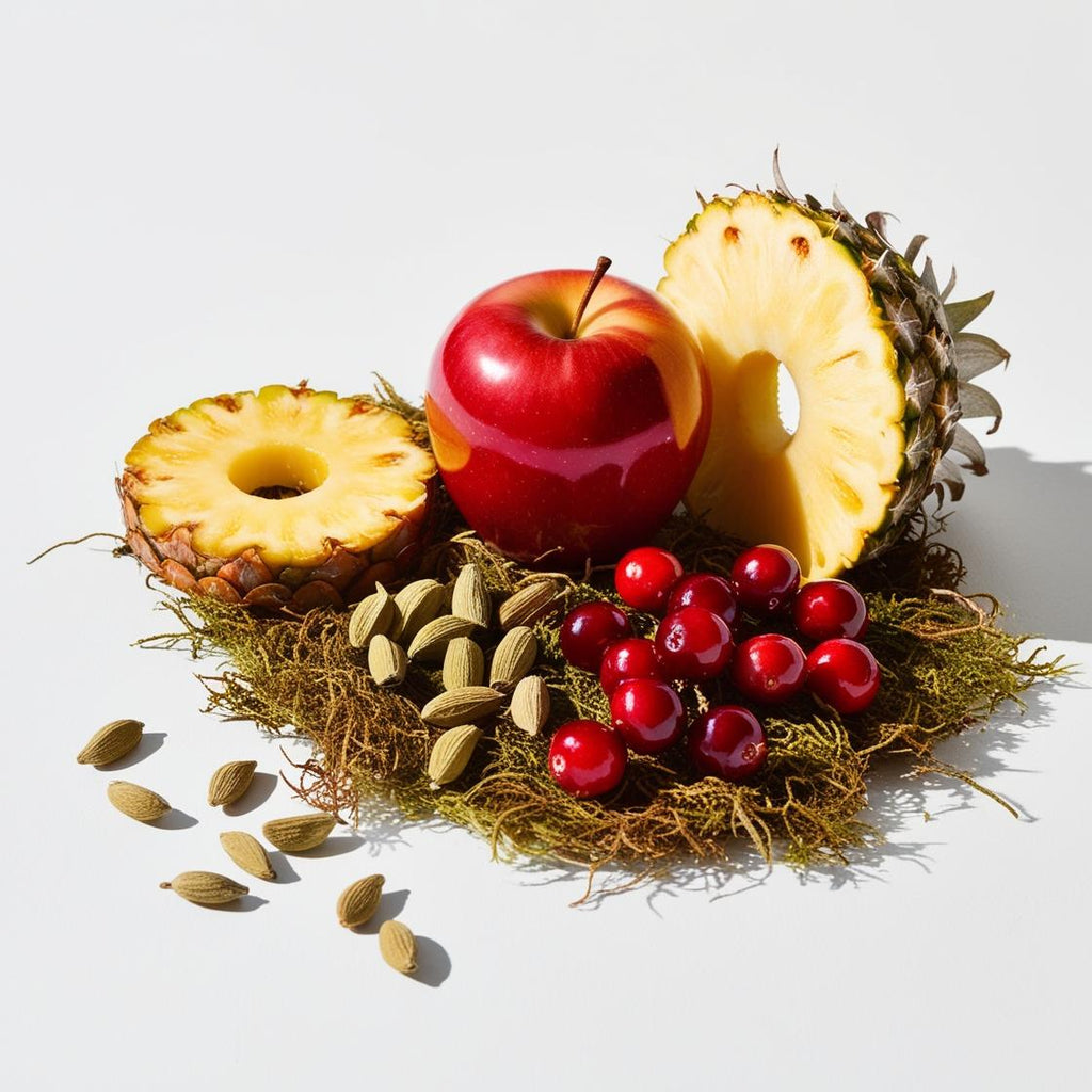 Olfactory notes of the perfume with juicy pineapple, crisp apple, red berries and a spicy touch of cardamom.