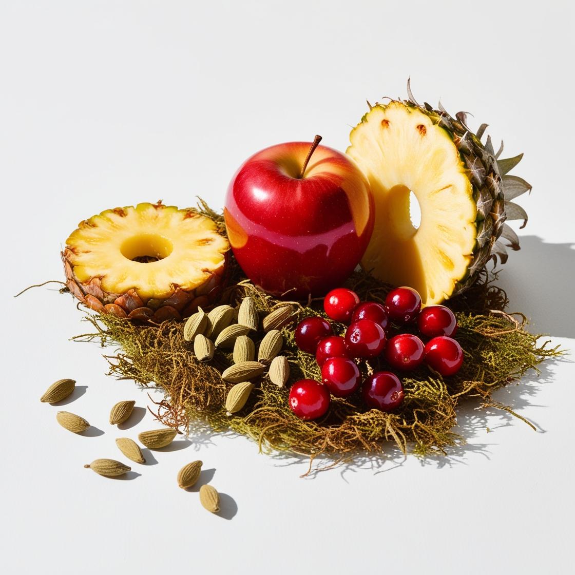 Olfactory notes of the perfume with juicy pineapple, crisp apple, red berries and a spicy touch of cardamom.