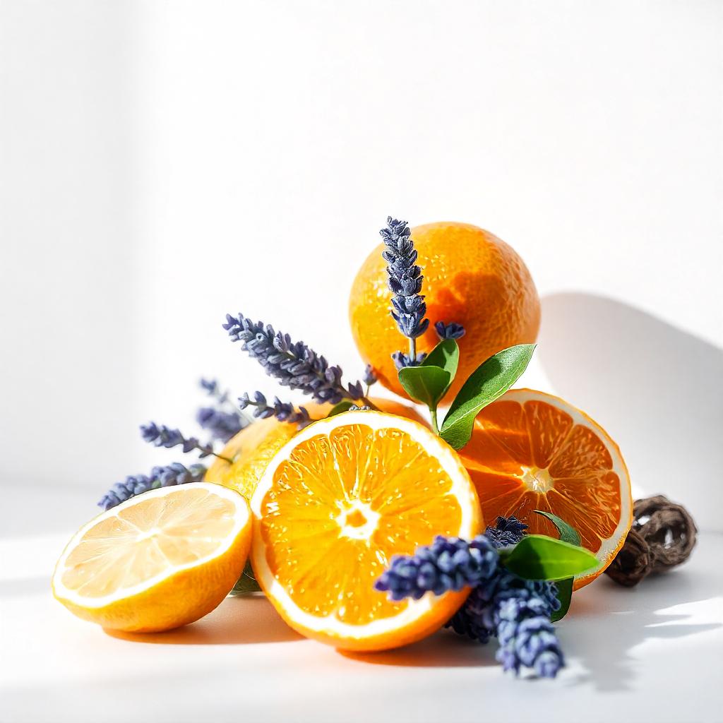 Orange and lavender representing the olfactory notes of the perfume.