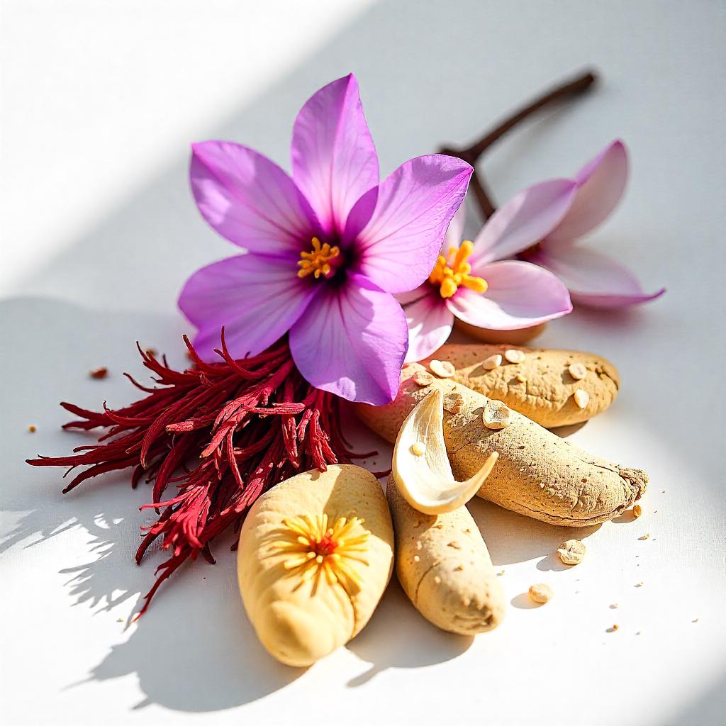 Saffron, violet and wood representing the olfactory notes of the perfume.