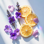 Lavender, violet and grapefruit representing the olfactory notes of the perfume.