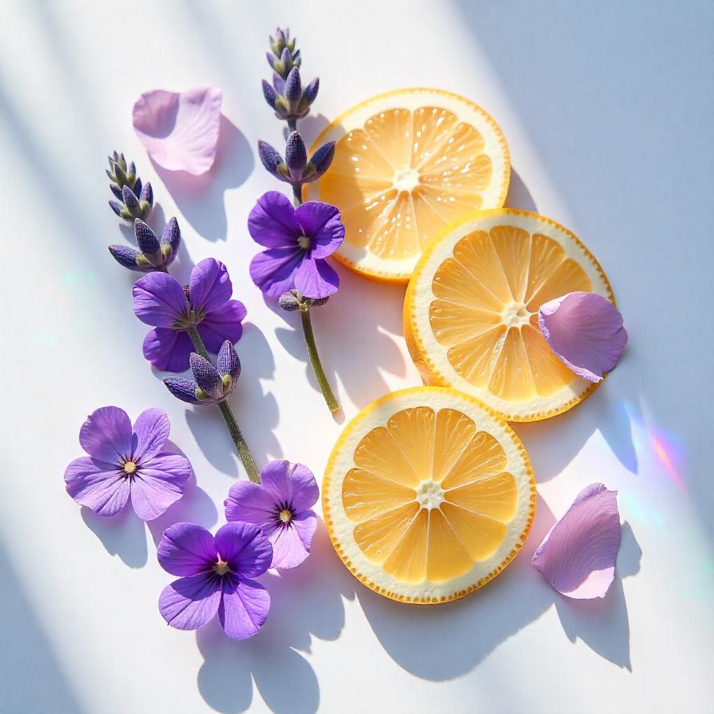 Lavender, violet and grapefruit representing the olfactory notes of the perfume.