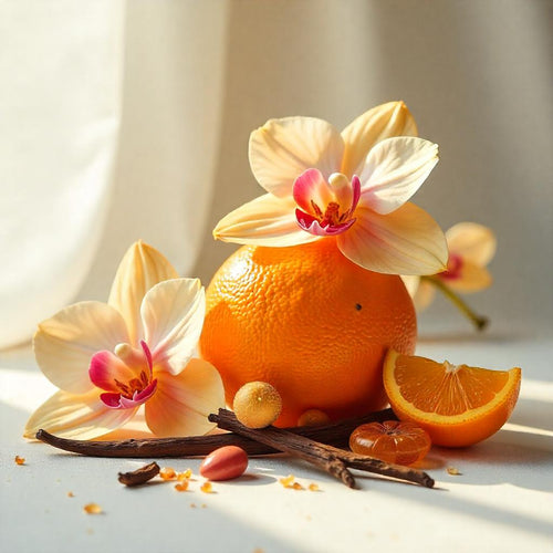 Mandarin, amber and vanilla representing the olfactory notes of the perfume.