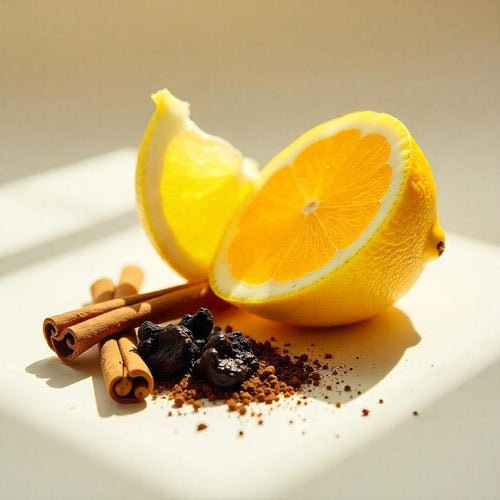 Lemon, praline and black cardamom representing the olfactory notes of the perfume.