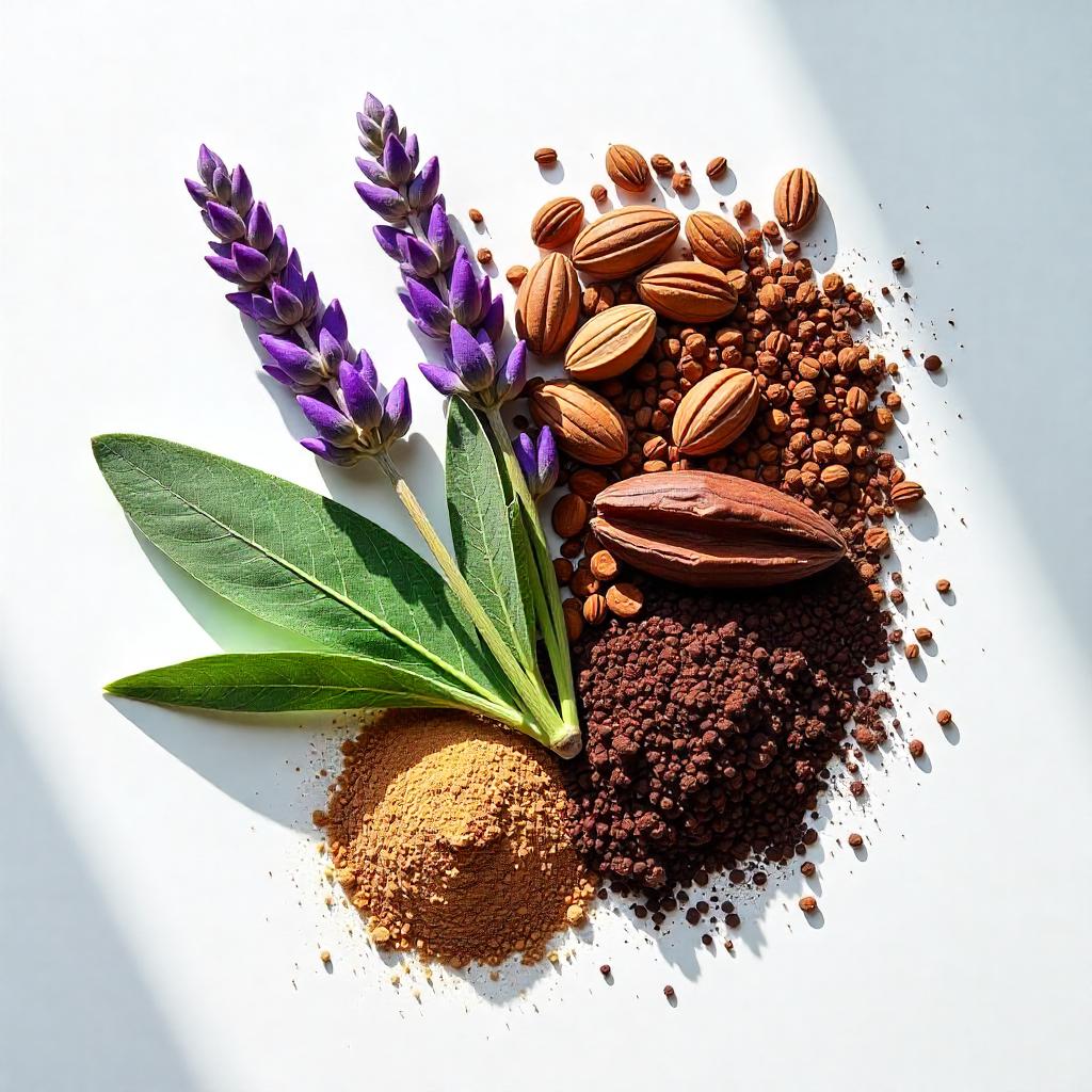 Lavender, cocoa and bergamot representing the olfactory notes of the perfume.